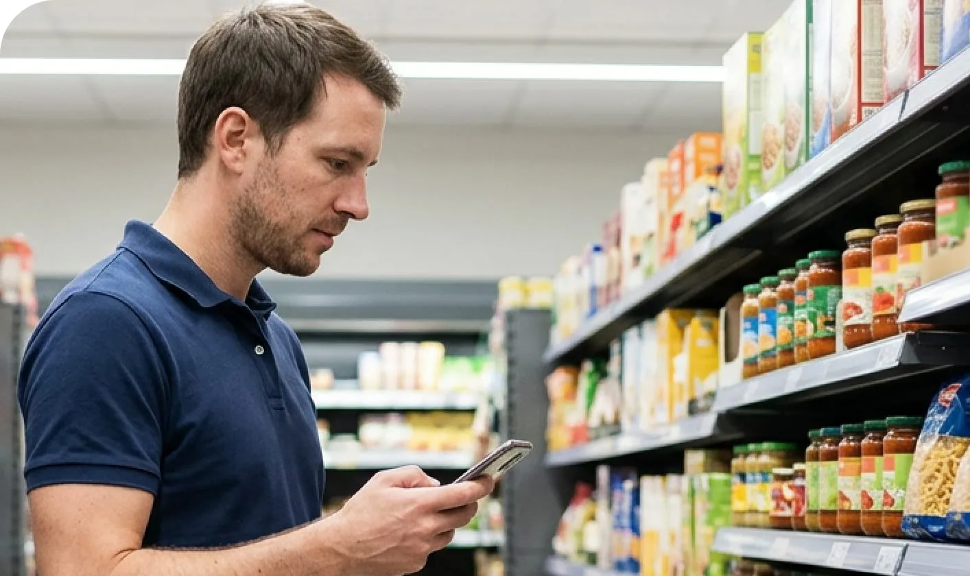 Repositor consultando la aplicación de GU Trade frente a la góndola