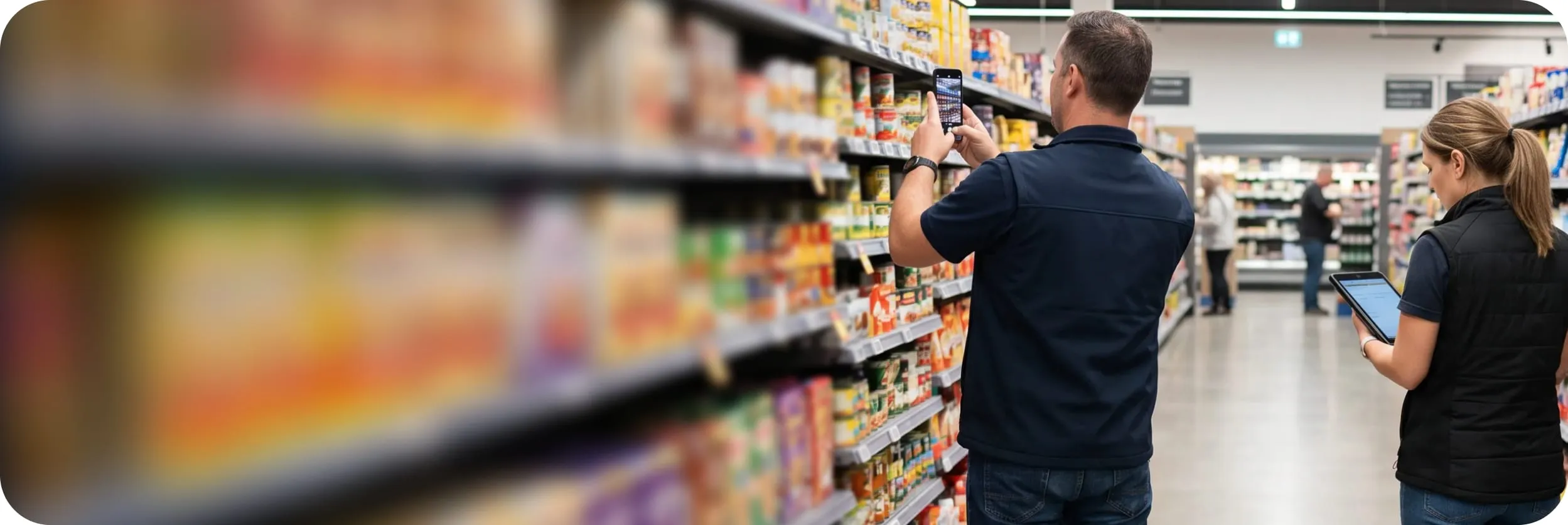 Dos personas recorriendo la góndola de un supermercado