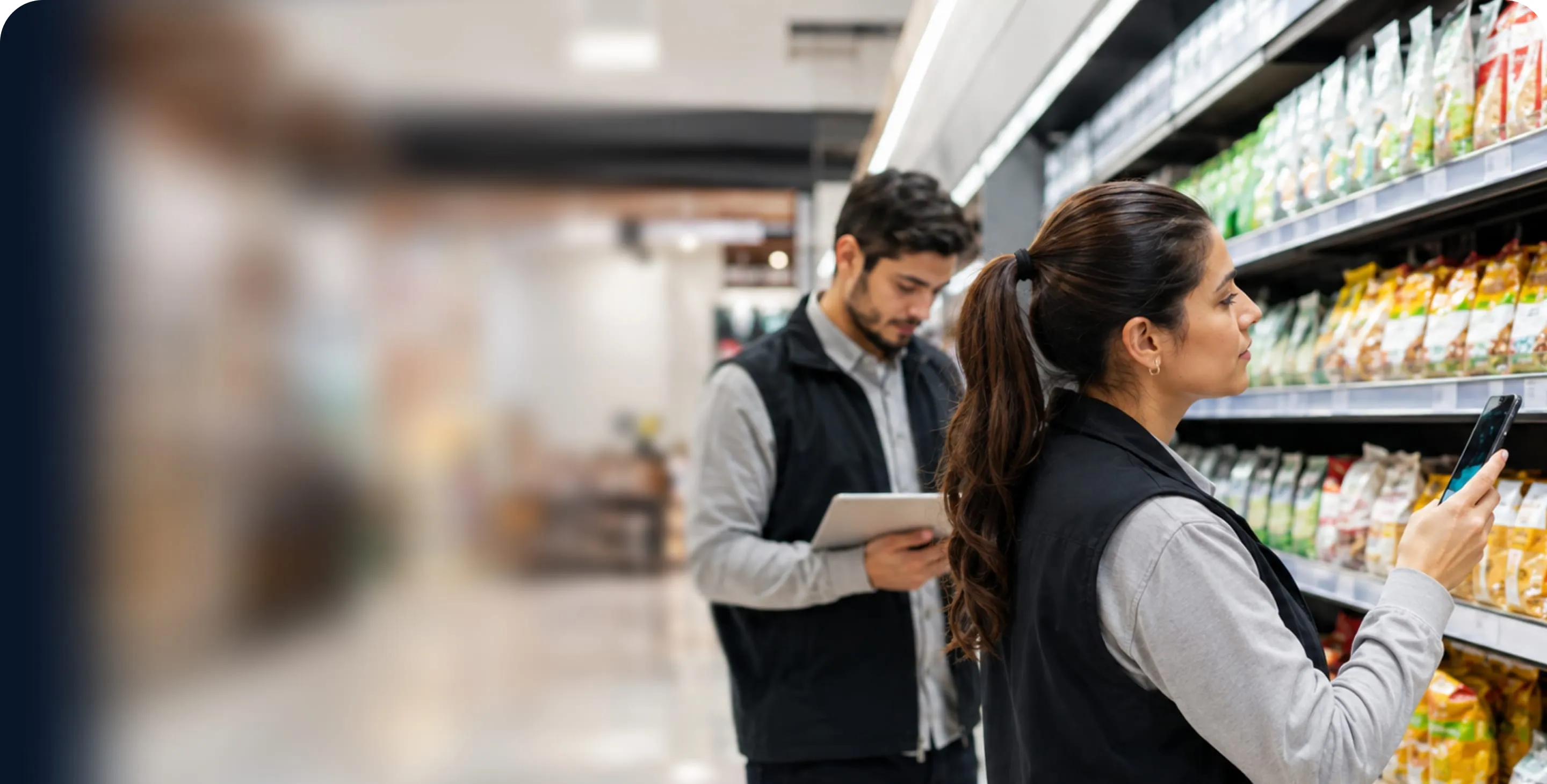 Dos supervisores revisando datos en una tablet dentro del punto de venta