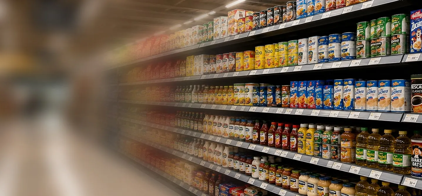 Góndola de un supermercado vista a lo largo del pasillo