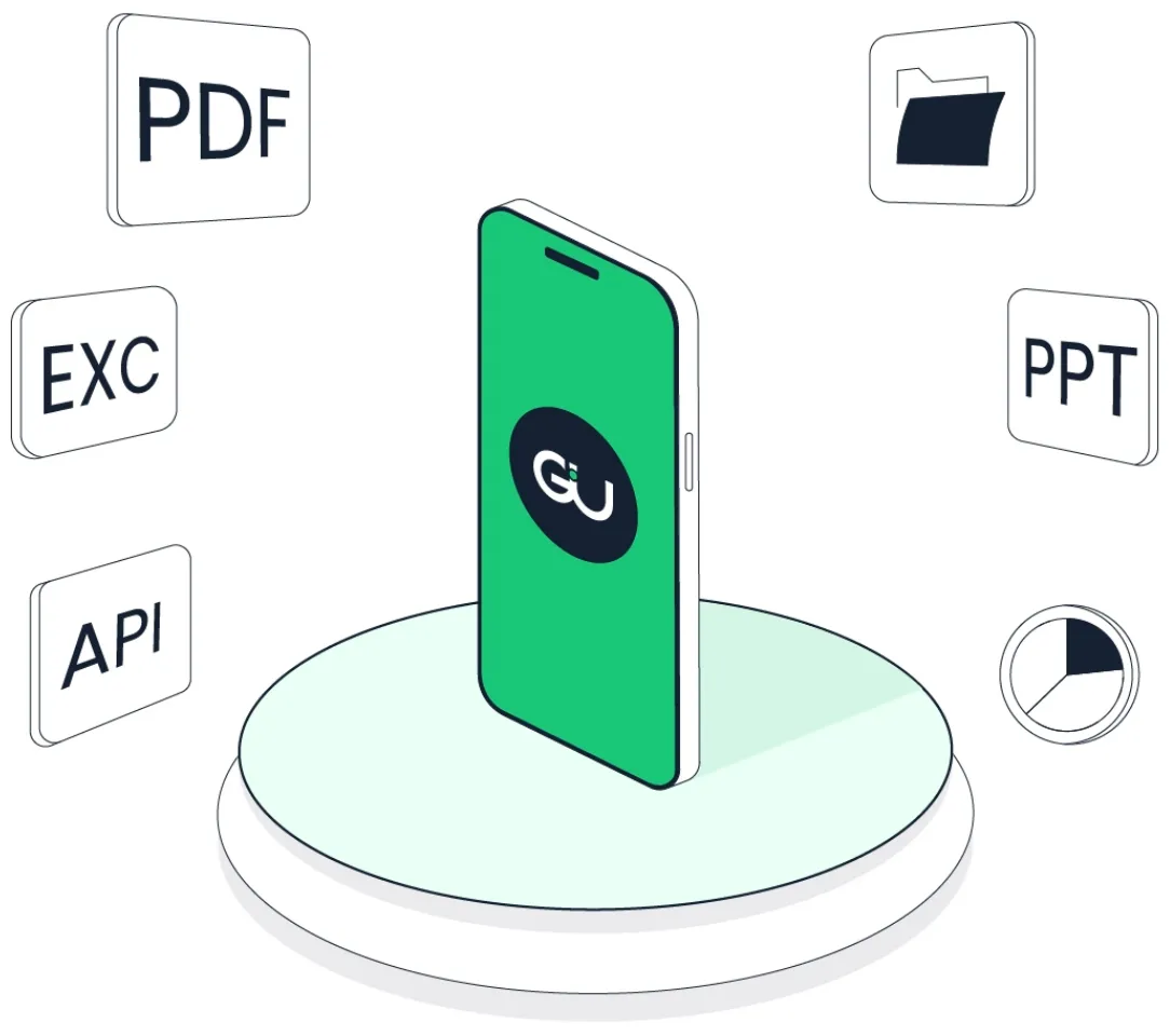 Ilustración de un celular con la app de GU Trade y los formatos en que se exportan los datos: PDF, Excel, PowerPoint y API.