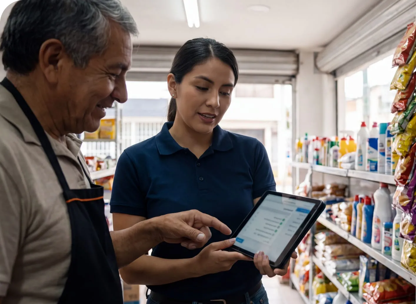 Una vendedora repasando el pedido en la tablet con el dueño del comercio