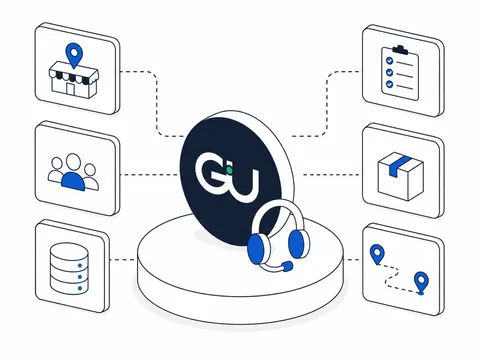 Ilustración del logo de GU Trade con auriculares de soporte, conectado a puntos de venta, equipos, datos, tareas, productos y rutas.