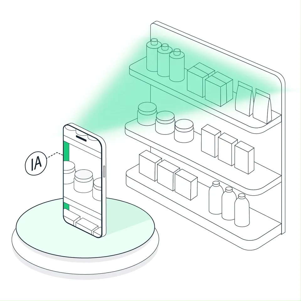 Ilustración de un celular que fotografía una góndola y reconoce los productos con IA.