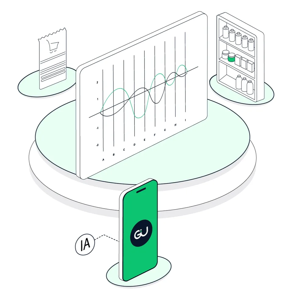 Ilustración de un gráfico que cruza dos curvas, entre un ticket de compra y una góndola, con un celular que analiza los datos con IA.