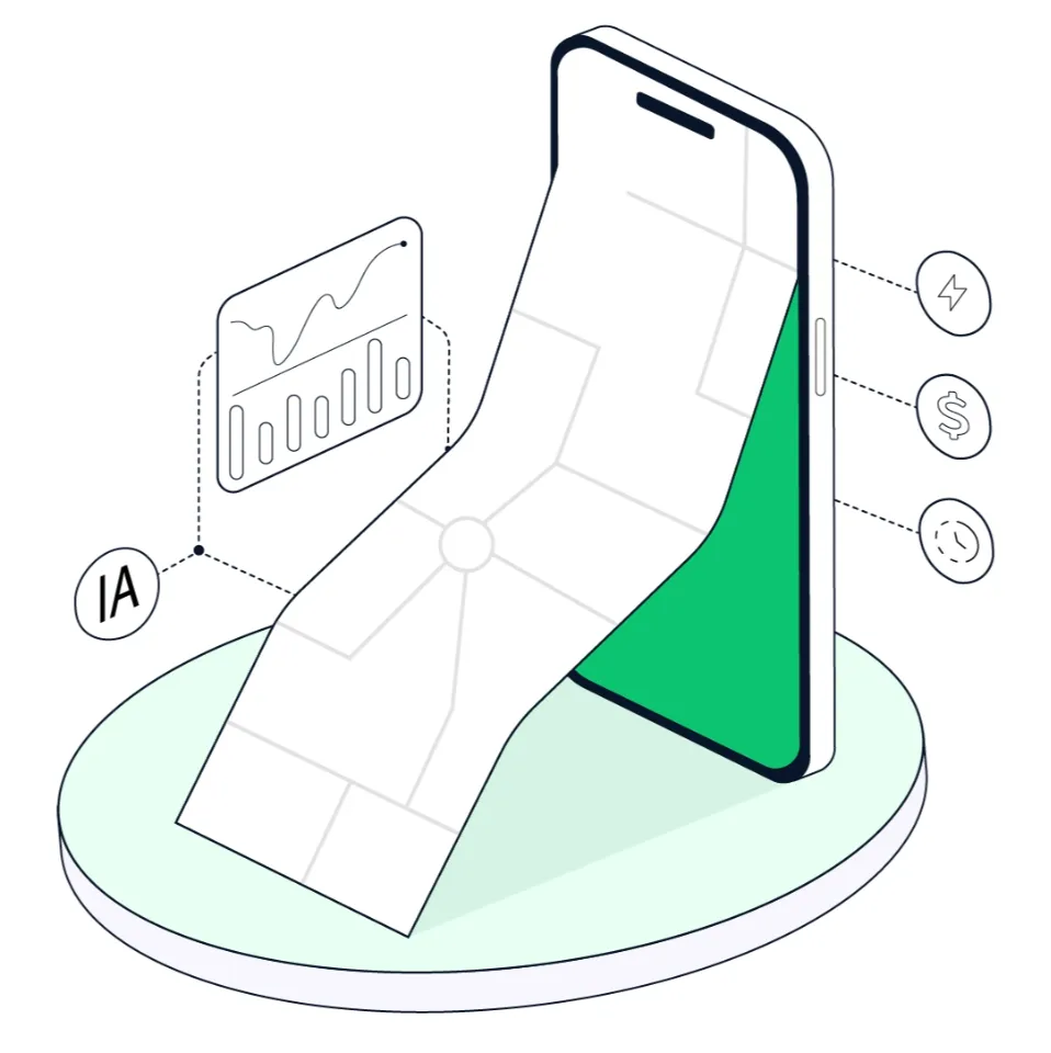 Ilustración de un celular con un mapa de rutas armado con IA y un gráfico de rendimiento, junto a íconos de tiempo, costo y energía.